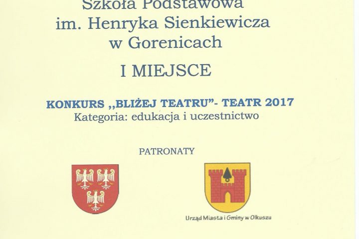 Więcej o: I  miejsce w konkursie „Bliżej Teatru” – Teatr 2017 !