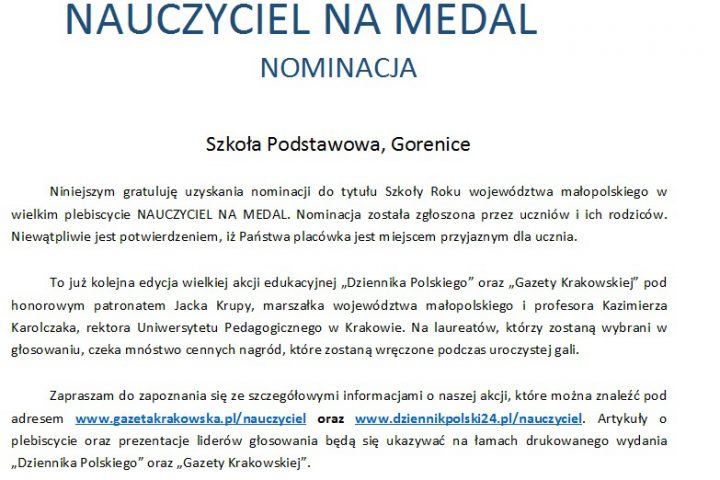 Więcej o: Nominacja dla naszej szkoły do tytułu Szkoły Roku Województwa Małopolskiego!